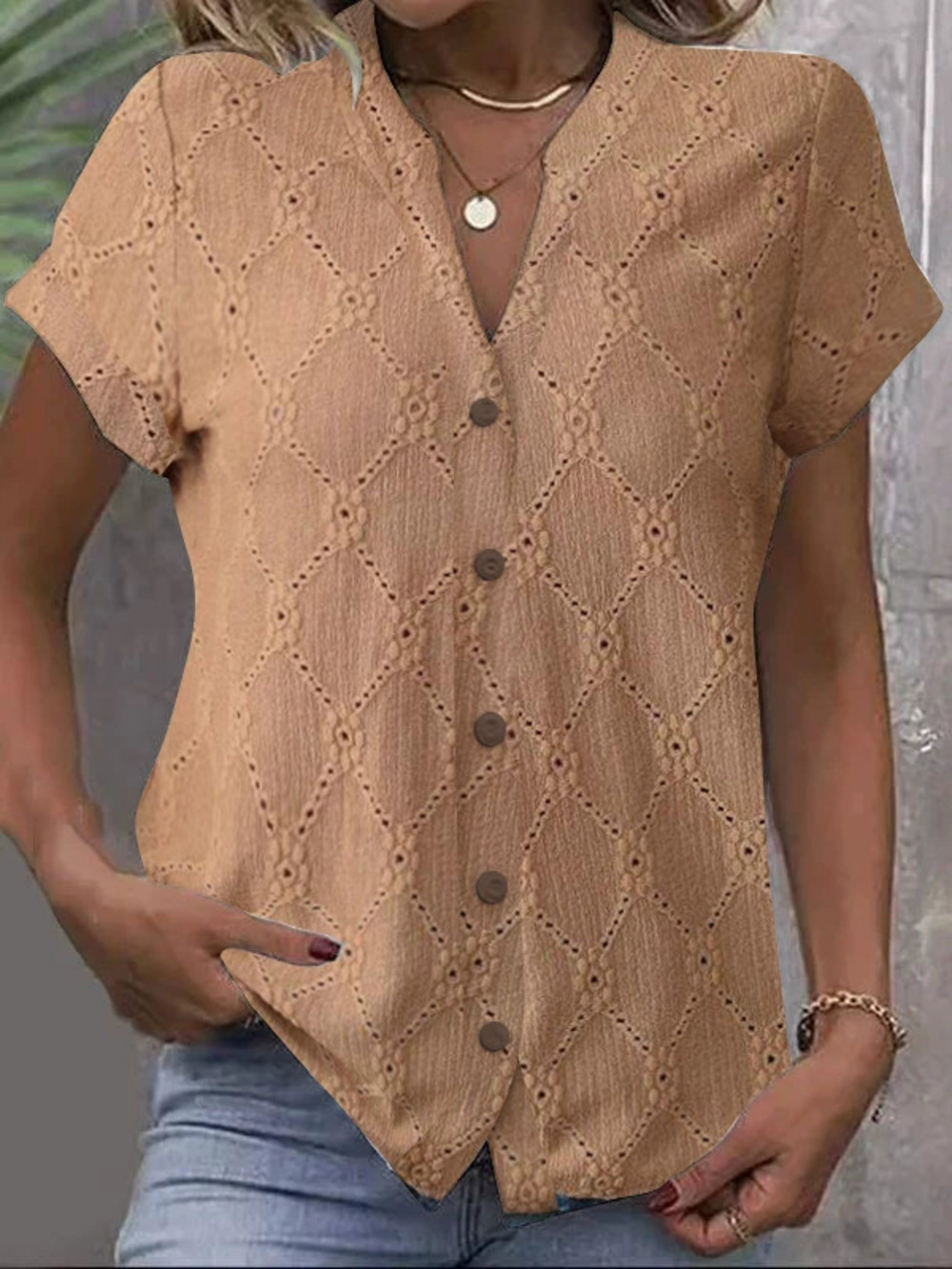 ZARA Solid Color Casual Button Down Loose Hollow Out Blouse